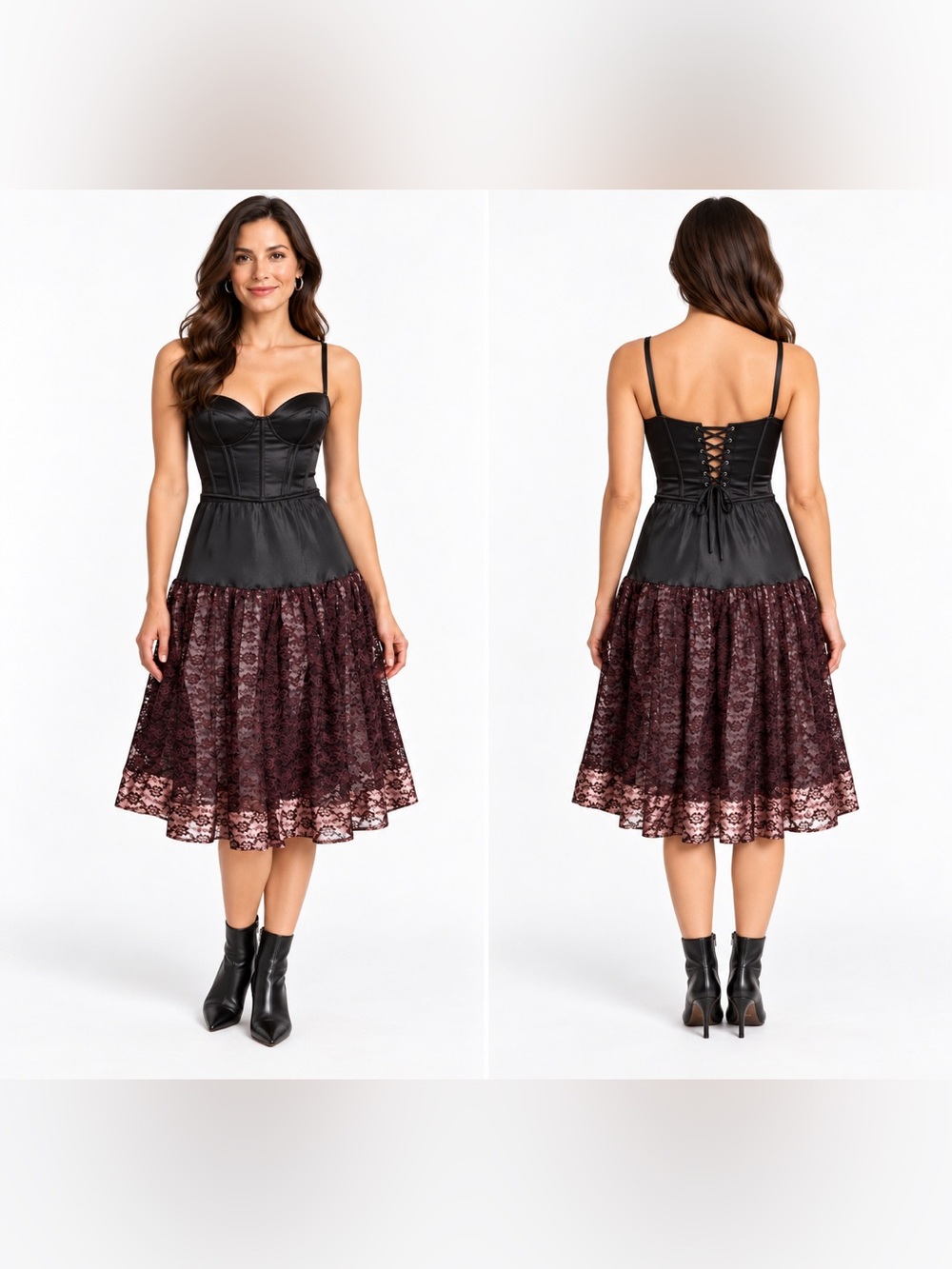 Vintage Black & Burgundy Floral Lace Skirt Goth Romantic Midi